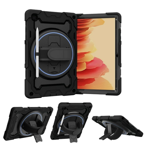 Dteck case for Samsung Galaxy Tab A7 10.4 inch T500 T505 T507 T509,Heavy Duty Rugged Rubber Case Rotatable Kickstand Hand Strap Shockproof 3-Layer Protection Armor Cover,Black