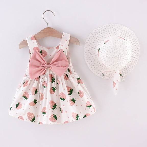 Herrnalise Toddler Baby Kids Girls Sleeveless Strawberry Print Princess Dress Hat Outfits