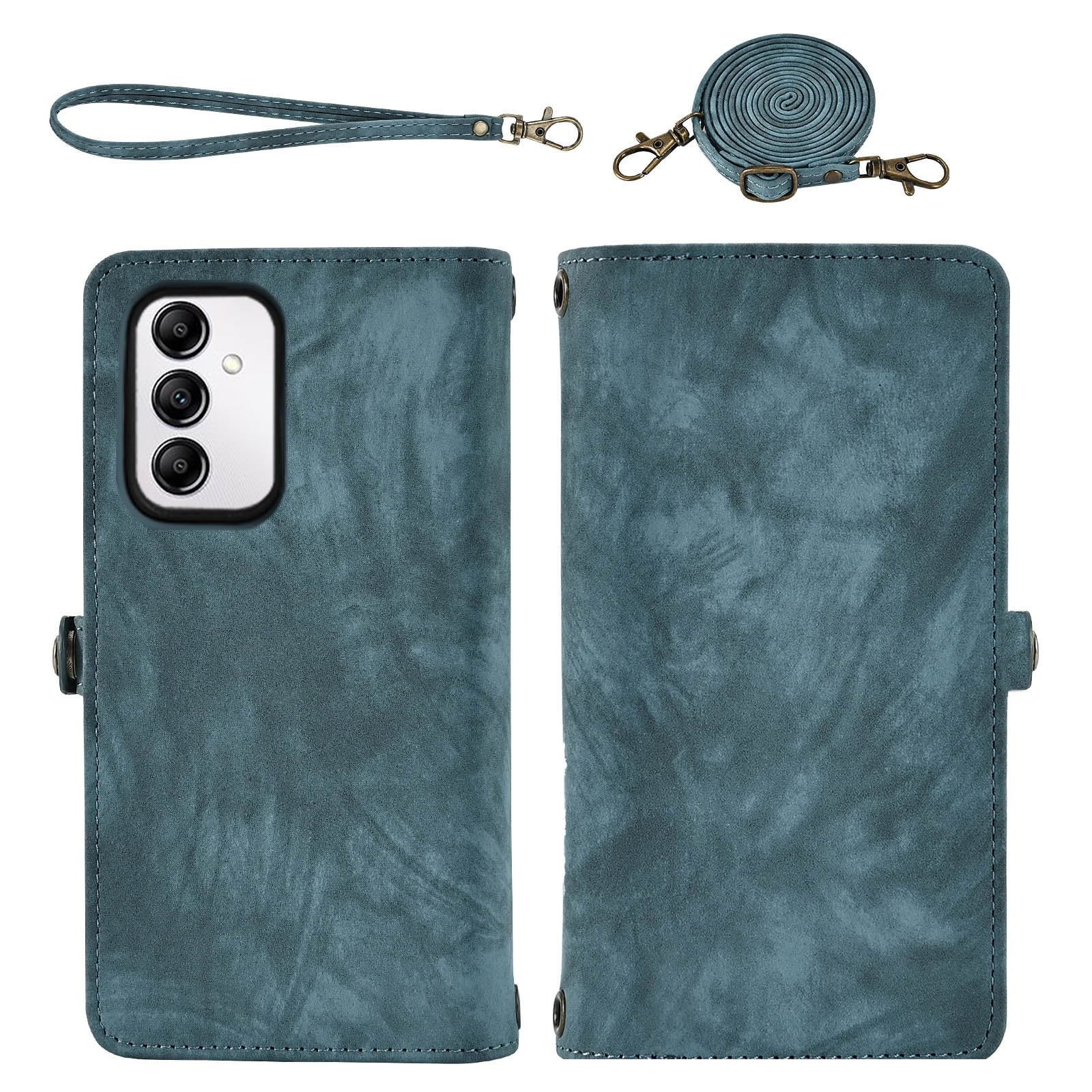 Asuwish Compatible with Samsung Galaxy A14/M14 5G Phone Case Zipper Wallet Detachable Tempered Glass Screen Protector Crossbody Strap Flip Card Holder Cell Cover for A 14 4G 14A 14M G5 Women Men Blue