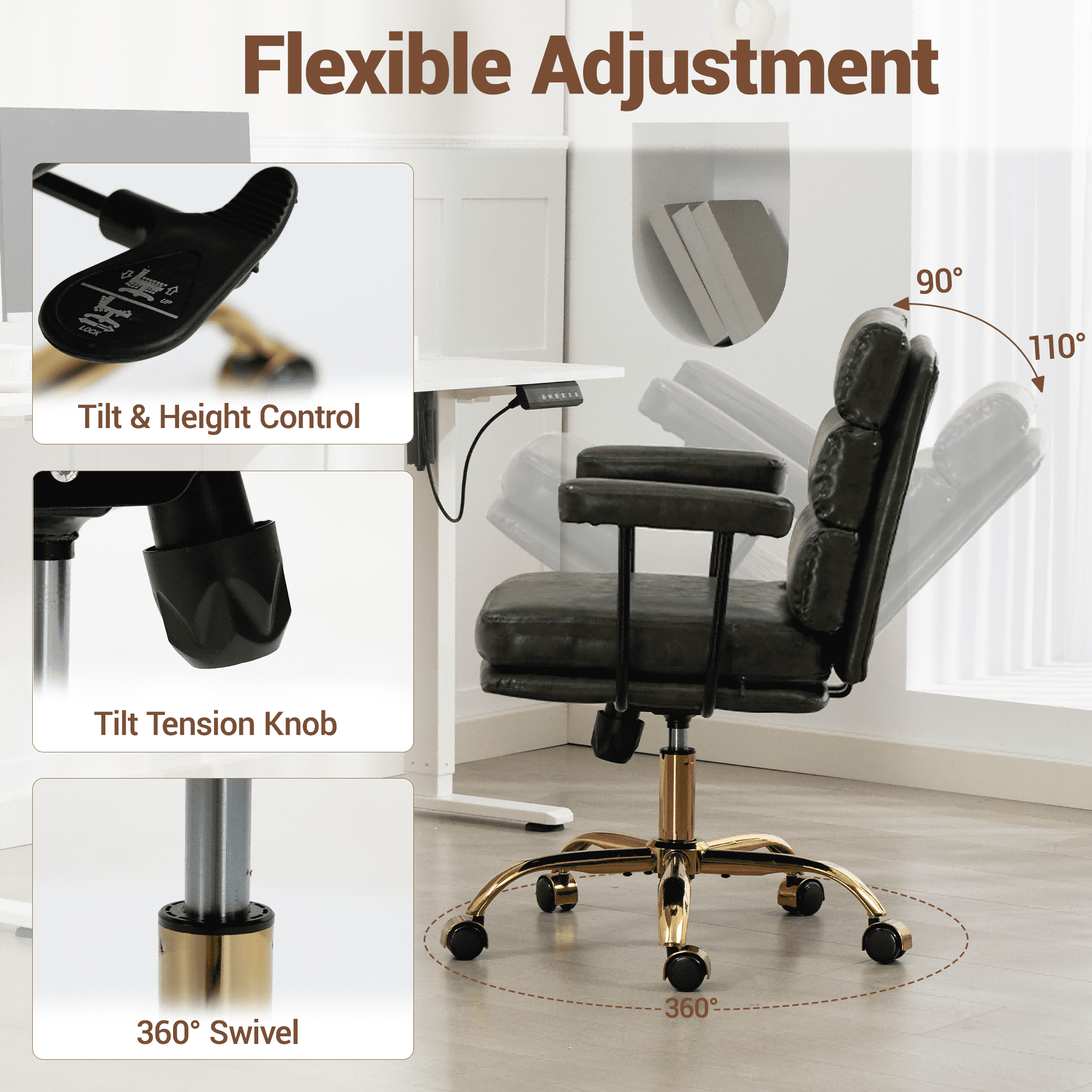 WENTUM Office Chair,Mid Back Home Office Desk Task Chair, Ergonomic PU Leather Computer Rolling Swivel Chair with Padded Armrest, Green