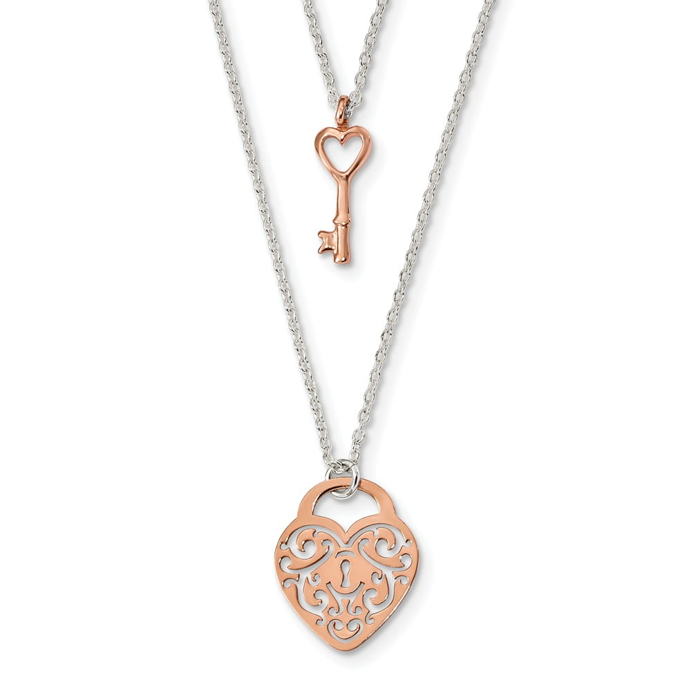 Necklace Fancy Sterling Silver and Rosetone Heart Lock and Key