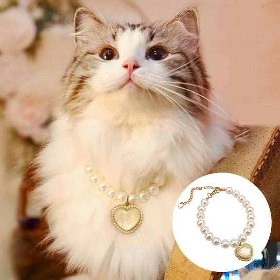 Visland Pet Necklace Smooth Surface Full Luster Fade-Resistant Dress-up Adjustable Cat Dog Decorative Faux Pearl Heart Necklace Party Favor