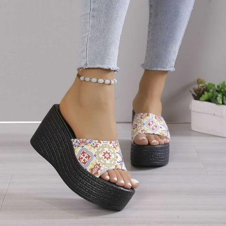 

YODETEY Women s Summer Sandals Solid Color Flag Pattern Platform Sandals Thick Sole Comfortable Sandals Wedge Sandals Yellow