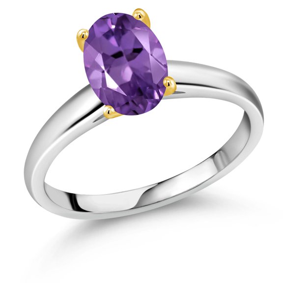 Gem Stone King 1.60 Ct Oval Purple Amethyst 10K White and Yellow Gold Ring Ring (Size 9)