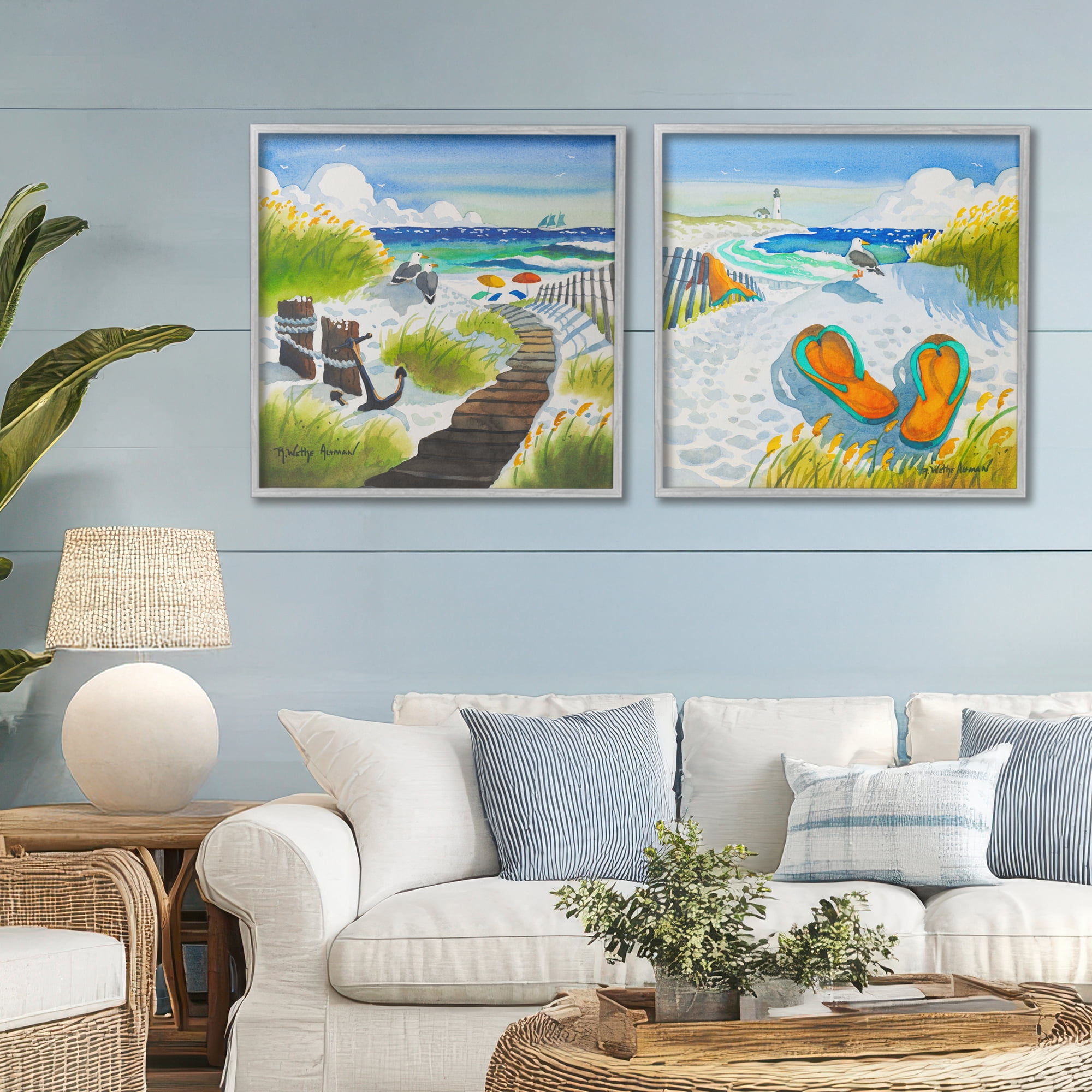 Stupell Industries Boardwalk Through Beach Scenery 2 Piece Gray Framed Giclee Art Set, design by Robin Altman