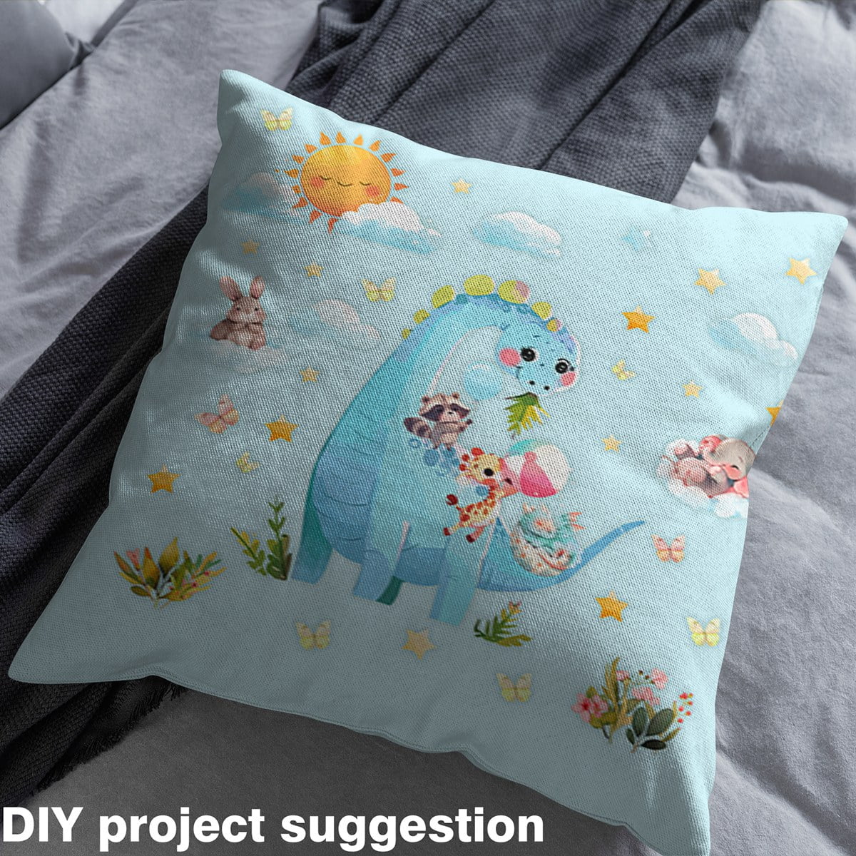 Homewish Cartoon Dinsaur Fabric by the Yard 2 Yard,Blue Wild Animal Room Decor Fabric by the Yard,Zoo Animal Rabbit Giraffe Fabric for Sewing For Boys Kids Microfiber Bedroom Decor