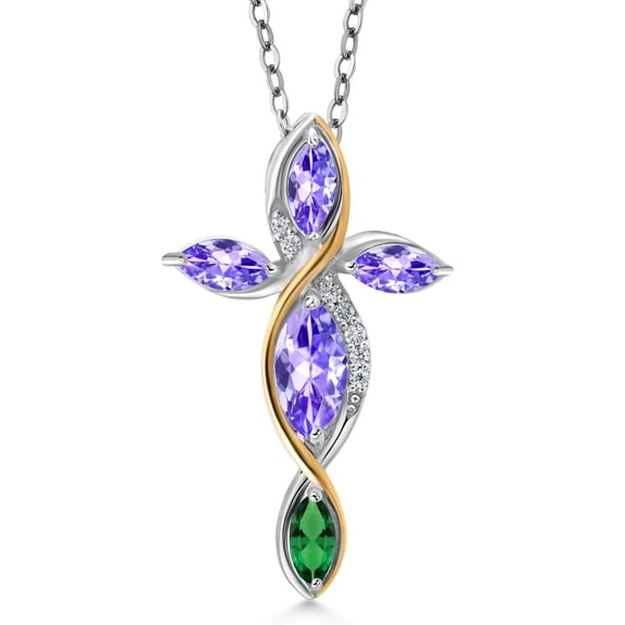 Cross Necklace for Women in 925 Silver and 10K Yellow Gold with Blue Tanzanite and Green Nano Emerald | 1.48 Cttw | Jesus Christian Religious Crucifix | Marquise 8X4MM | With 18 inch Chain