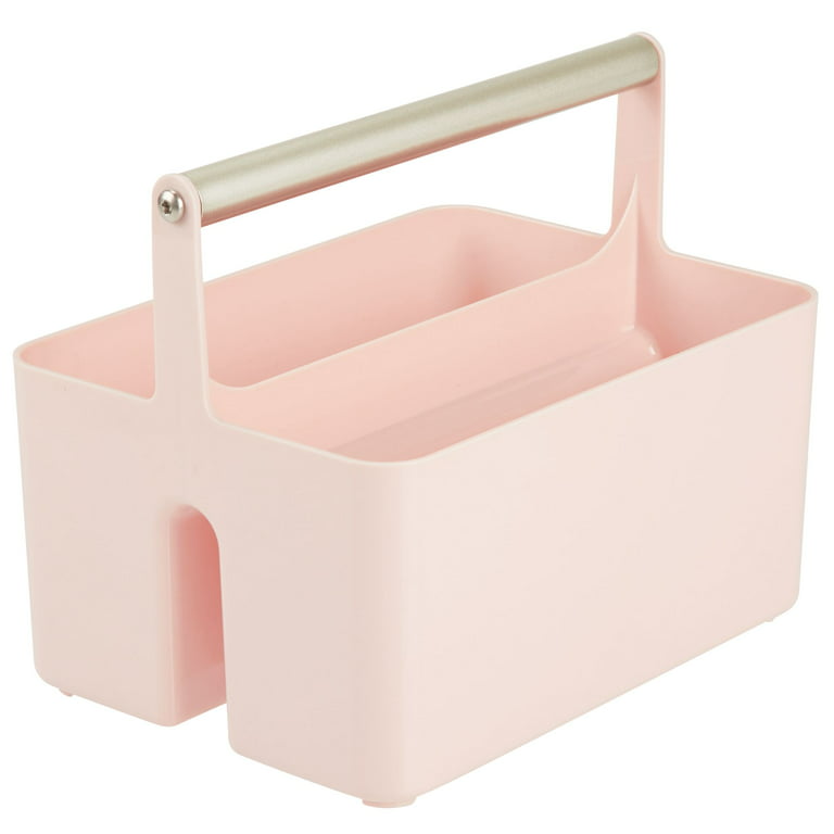 Large Plastic Portable Caddy with Handle, Storage Organizer Bin White+Pink