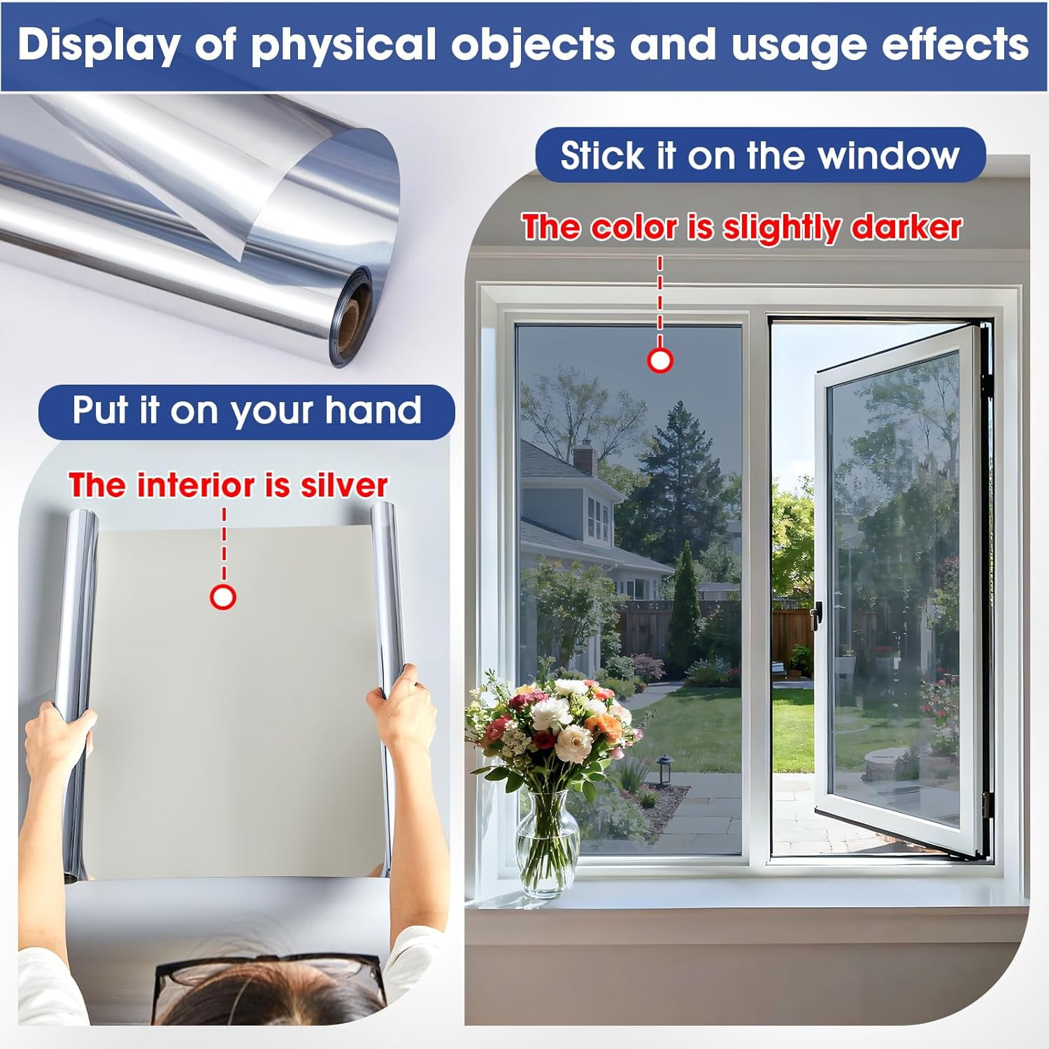 One Way Privacy Window Film, Sun Blocking Reflective Window Film See Out Not in, Heat Control Window Tint for Home, Anti UV Static Cling for Windows Office Door (Silver, 35.4 x 78.7 inches)