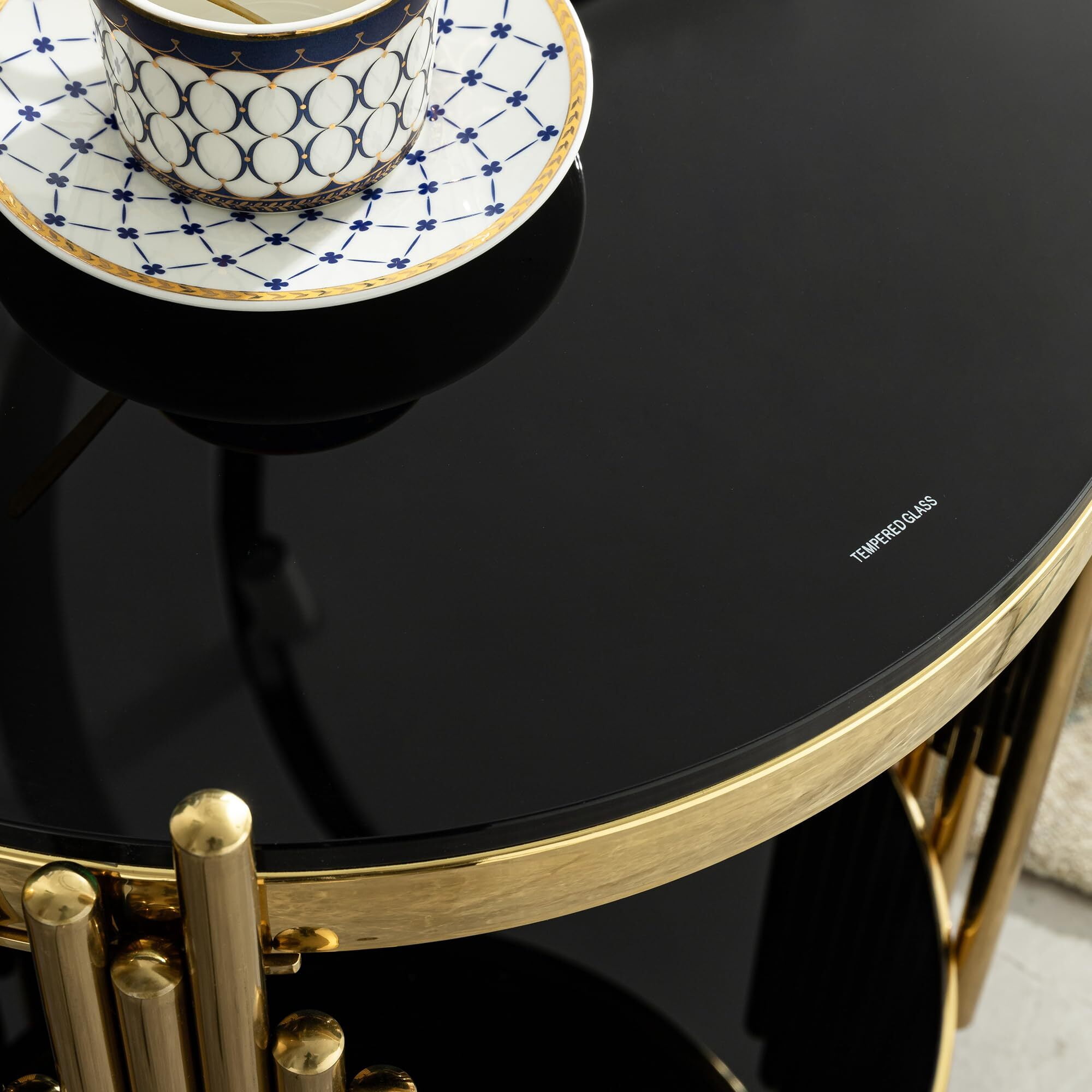 Shikeyi 18" Modern 2-Tier Round End Table, Luxury Gold Stainless Steel Side Table with Black Tempered Glass Top for Living Room, Bedroom & Small Spaces