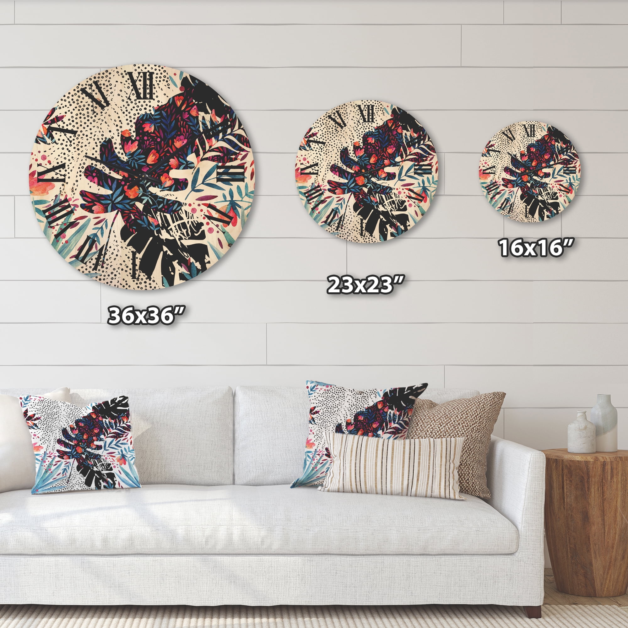 Designart 'Abstract Tropical Floral Patchwork I' Tropical Wood Wall Clock