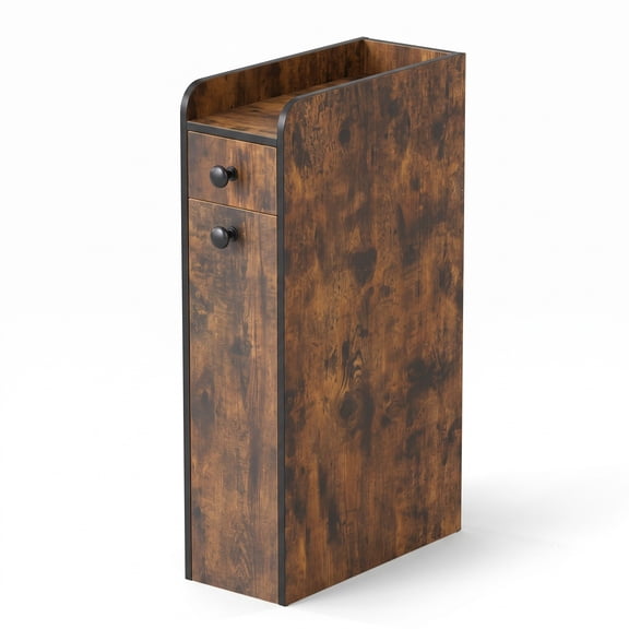 Fenbeli Small Bathroom Storage Cabinet, 4-Tier Narrow Slim Rolling Organizer with 3 Slide Out Drawers on Casters, Freestanding Storage Tower for Bathroom, Brown
