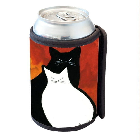 KuzmarK Insulated Drink Can Cooler Hugger - Black & White Kitties Abstract Cat Art by Denise Every