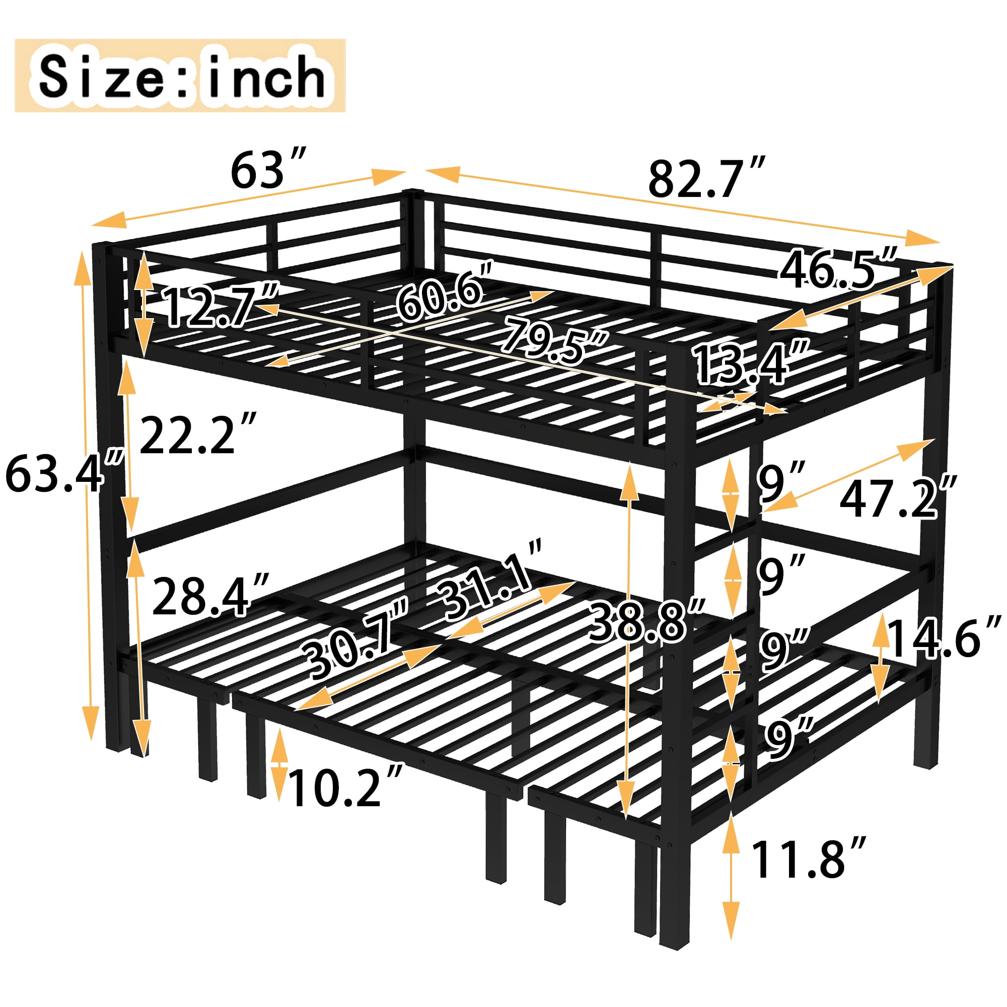 Mintazer Queen Over Queen Metal Bunk Bed with Pull-Out Lower Bed & Guardrails for Teens Adults Bedroom Dorm, Black