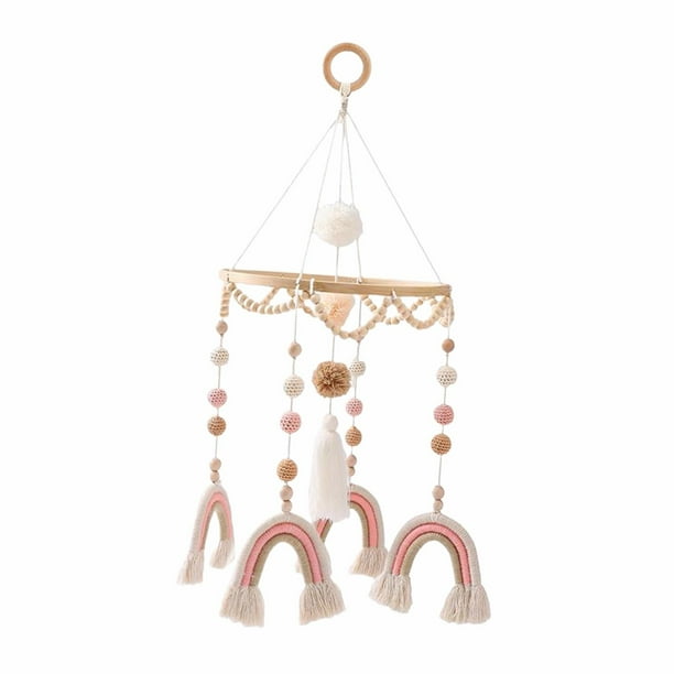 Móvil para cuna de bebé, móvil de madera con sonajero para recién nacidos, juguete colgante con campana para la cama, arcoíris rosa