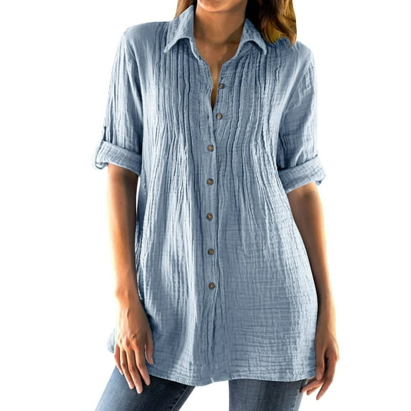 Womens Cotton Linen Dressy Blouses, 3/4 Sleeve Shirts for Women Lightweight Casual Pleated Solid Color Lapel Button Down T-Shirts