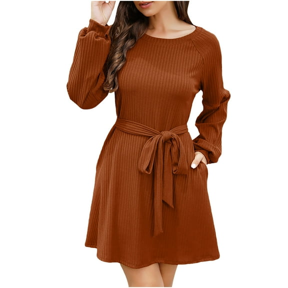 Women's Knit Sweater Dress Round Neck Long Sleeve Sweaters Tie Waist Casual Loose Fall Mini Dresses with Pockets Ladies Clothes