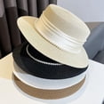 thumbnail image 4 of Women's Straw Boater Hat Elegant Flat Top Sun Hat with Pearl Tie & Satin Band Wide Brim Summer Beach Hat for Travel, 4 of 4