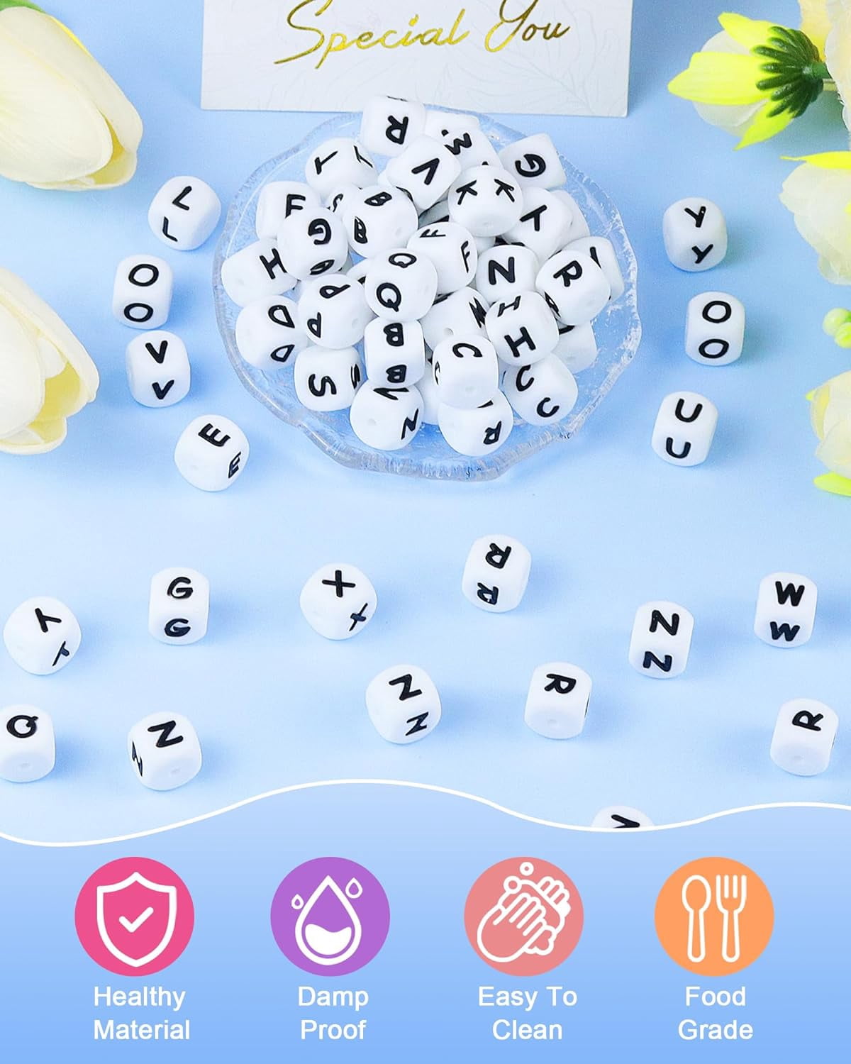 130Pcs Silicone Letter Beads, 12mm Square Alphabet Beads for Bracelets, Keychains, Necklaces and Lanyards Making (White)