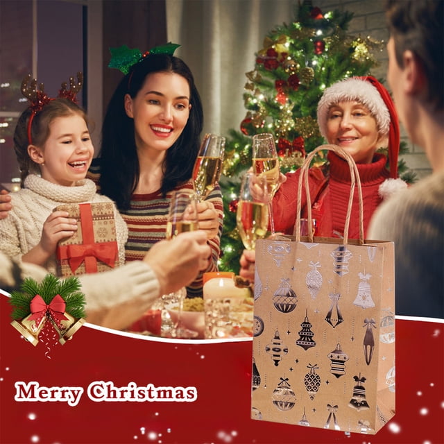 Aufmer 30 Pcs Silver Snowflake Gift Tote, Christmas Tree Design Packaging, Flat Bottom Holiday Party Bag, Kraft Paper Present Sack(Multicolor)