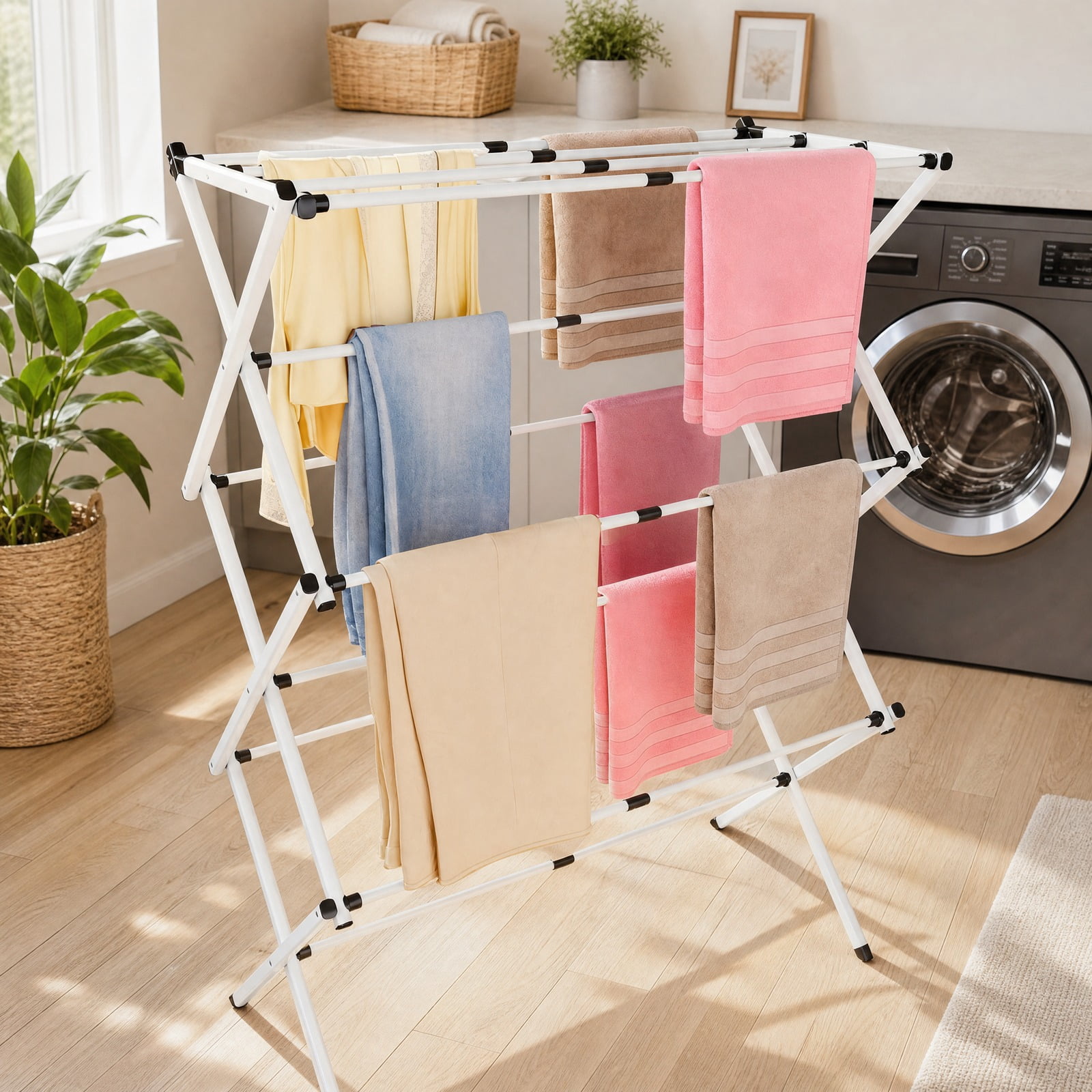 Fenbeli 3-Tier Clothes Drying Rack, White Foldable Steel Laundry Stand with 11 Drying Rods, Space-Saving Design for Indoor and Outdoor Use