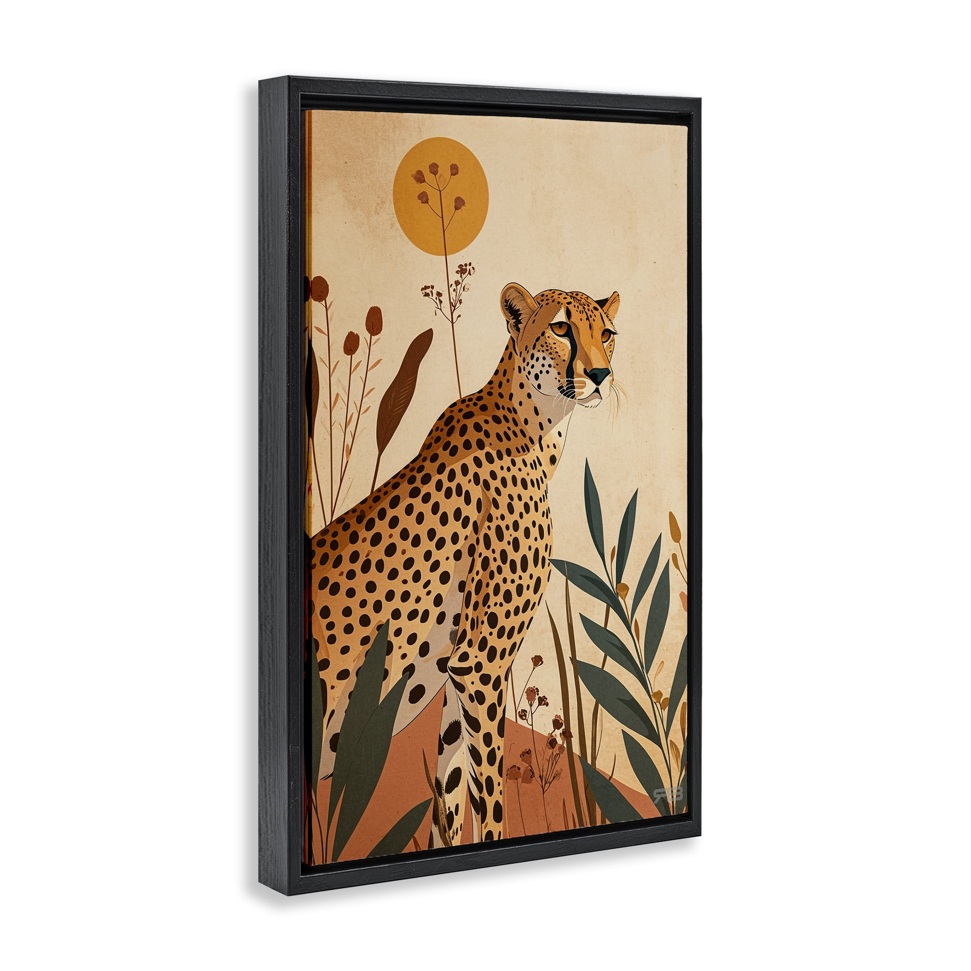 Stupell Industries Cheetah & Boho Plants Animals & Insects Painting Black Floater Framed Canvas Art Print Wall Art, 21 x 31