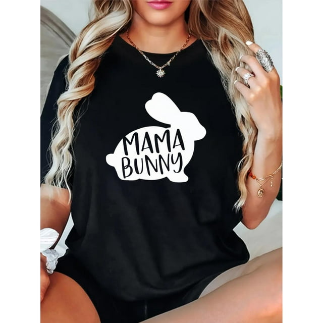 Camiseta gráfica "Mamá Conejita" para mujer - 100 % algodón, informal, cuello redondo, manga corta, silueta de conejo, tejido de punto cómodo, ideal para todas las estaciones. Para adultos, hombres y