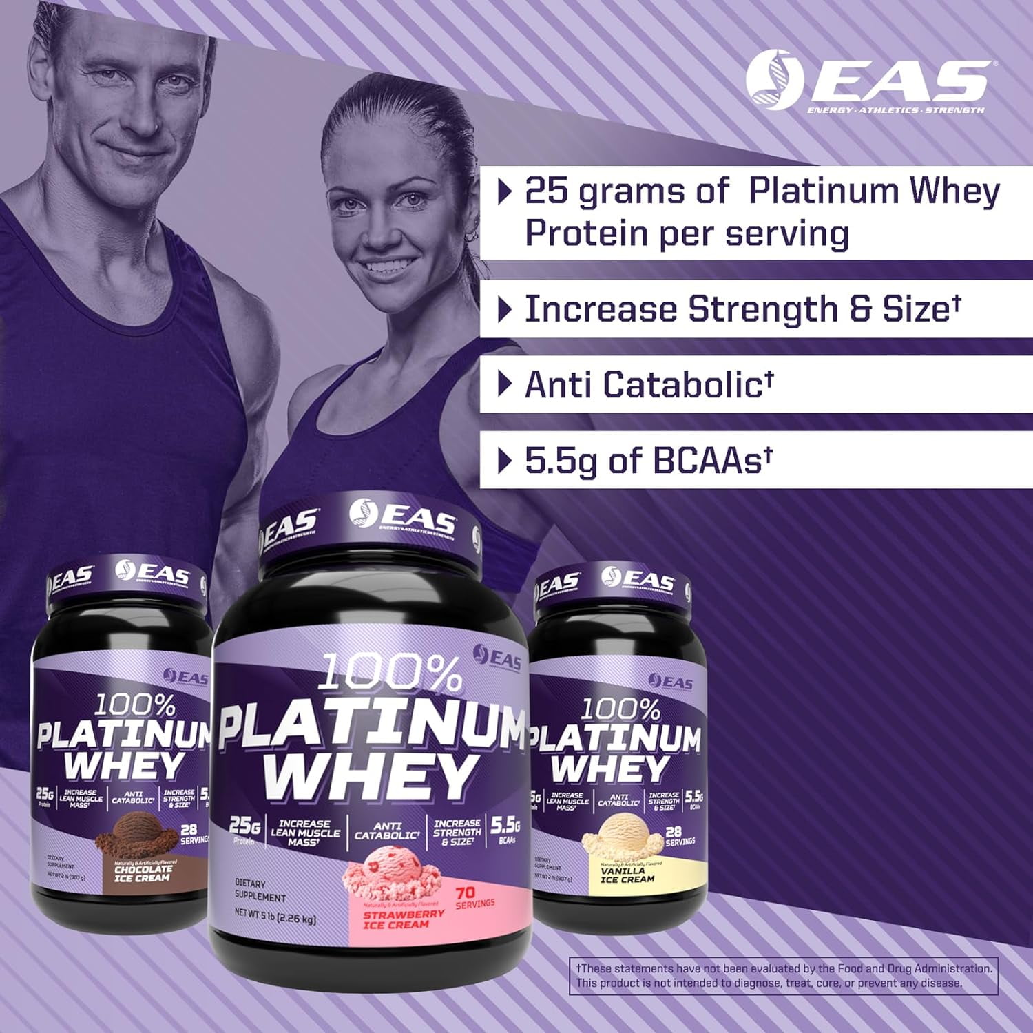 EAS 100% Platinum Whey Powder - 25g Protein, Anti Catabolic, 5.5g BCAAs - 5lb Strawberry Ice Cream