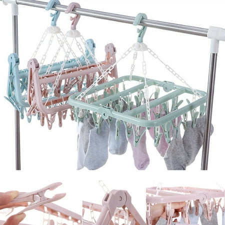 

New Plastic Folding Clothes Hanger Towels Socks Bras Underwear Drying Rack With 32 Clips Space Saving Closet Organizer Tool