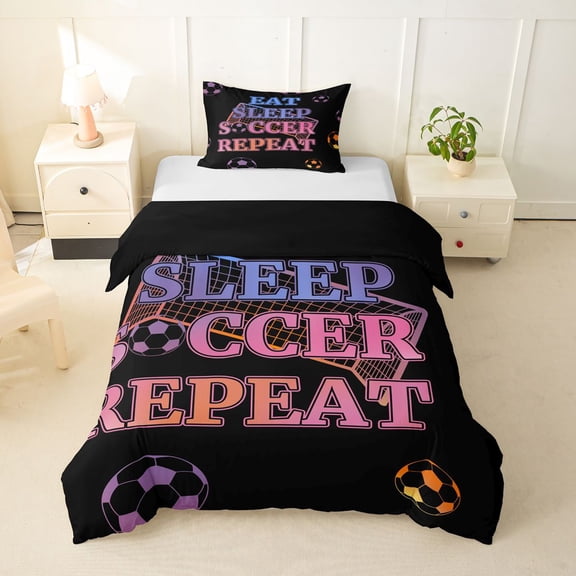 Feelyou Cartoon Soccer Football Twin Duvet Cover for Teens, Eat Sleep Repeat Twin Bedding, Black Blue Pink, Black Reversible, 2pcs, 1 Duvet Cover and 1 Pillowcase