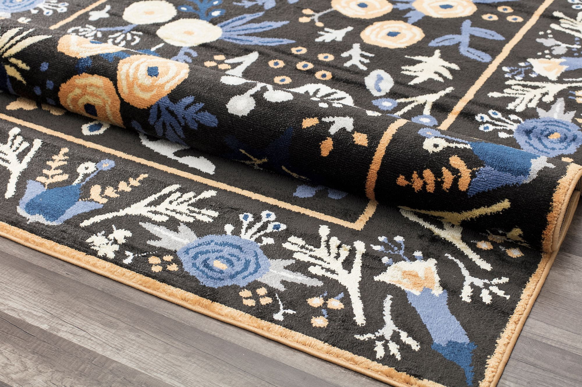 Rugs America Hanna VA30B Gardenia Golden Night Floral Transitional Black Area Rug, 9'x12'
