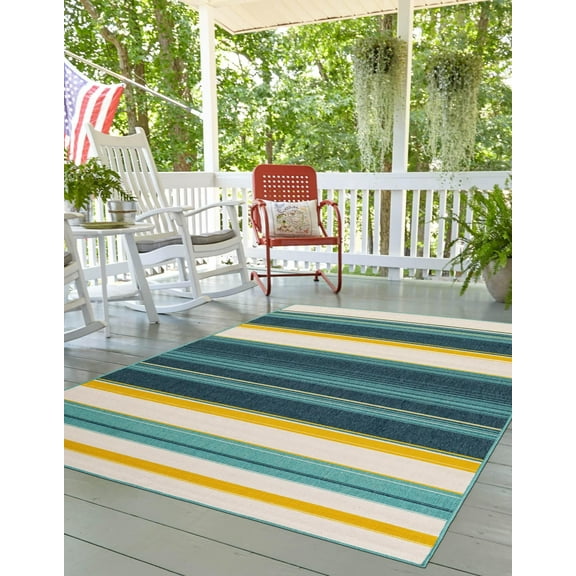 Unique Loom Outdoor Border Collection Area Rug - Contour (5' 1" x 8' Rectangle Multi/Teal)