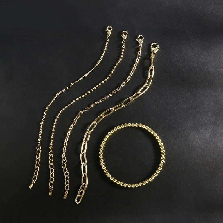 14K Gold Chain Bracelets Set for Women Girls, Dainty Gold Paperclip Link  Bead Bracelet Stackable Layered Bracelets Metal Fashion Jewelry