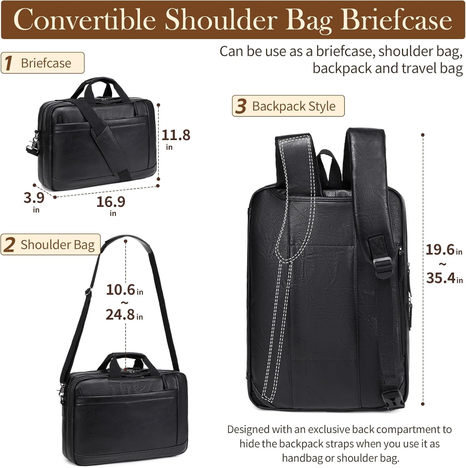 Faux Leather Messenger Bag for Men 17-17.3 Inch: Convertible 3 in 1 Backpack Laptop Briefcase Computer Handbags Shoulder CrossbodyBag with Padded for Work College Travel, PU Black