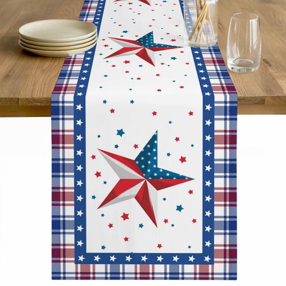 Independence Day Table Runner 60 Inches Long Farmhouse Dress Scarves, Red Blue Patriotic Star Stripes Plaid Dining Tablerunner for Coffee Table/Kitchen Island/Party Décor, 13" x 60"