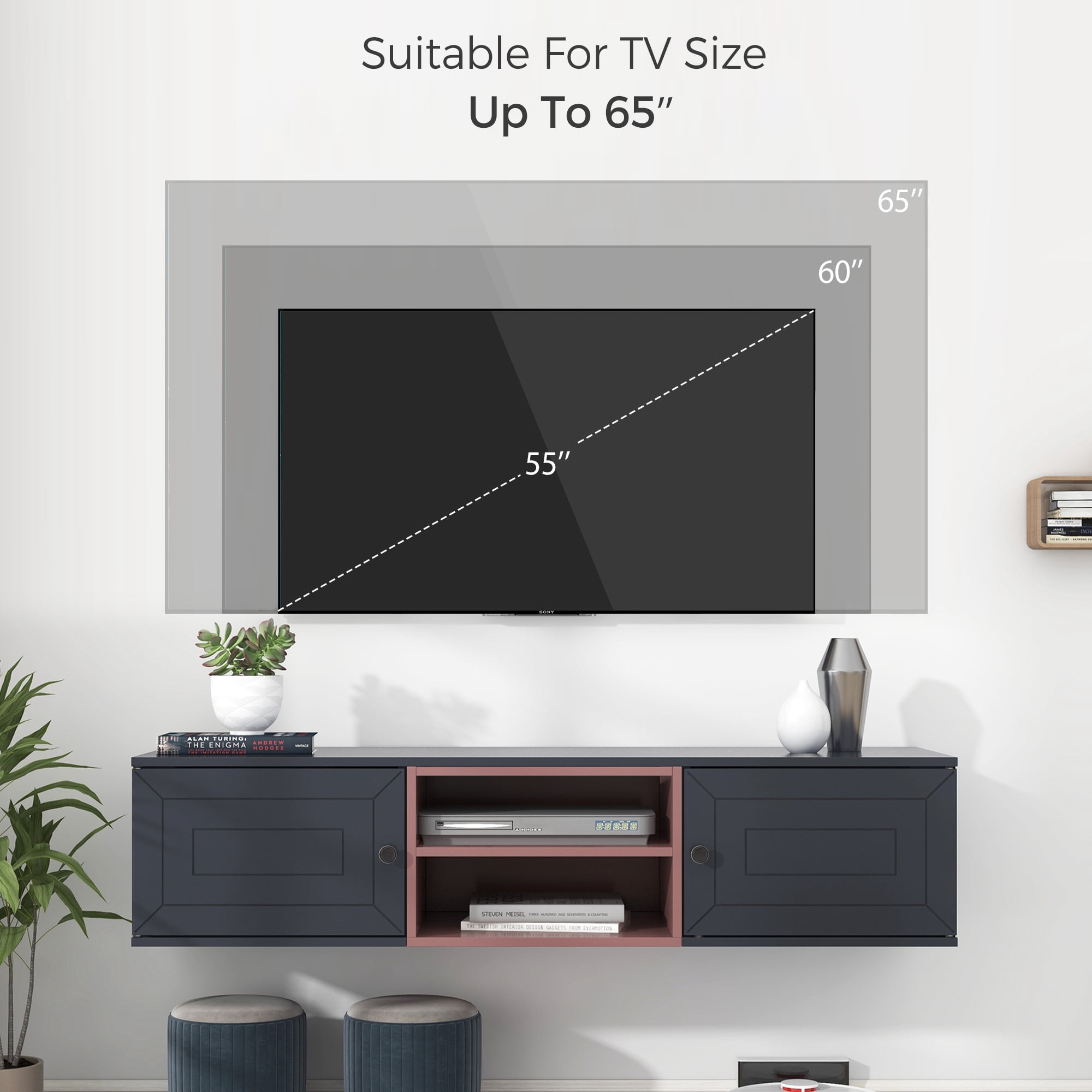 Aukfa Floating TV Stand for TVs up to 60" - Wall Mounted TV Shelf with Cabinets - Black