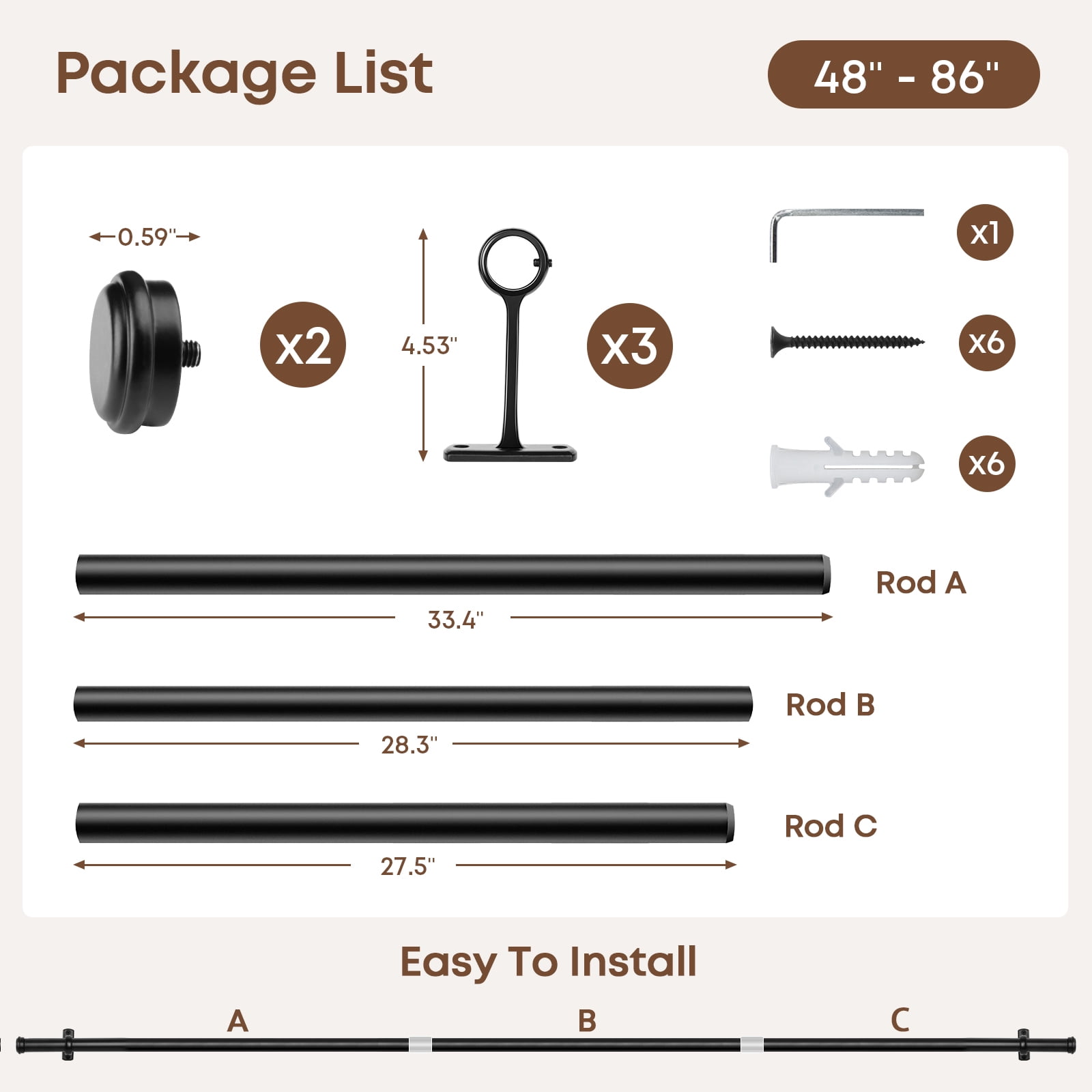 Rose Home Fashion 1 Inch Black Adjustable Curtain Rods Windows Outdoor for Patio Wall & Ceiling Mount, 48" - 86"