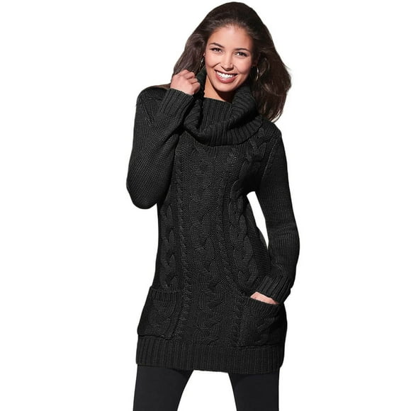 Women's Black/Green Cowl Neck Cable Knit Sweater Dress