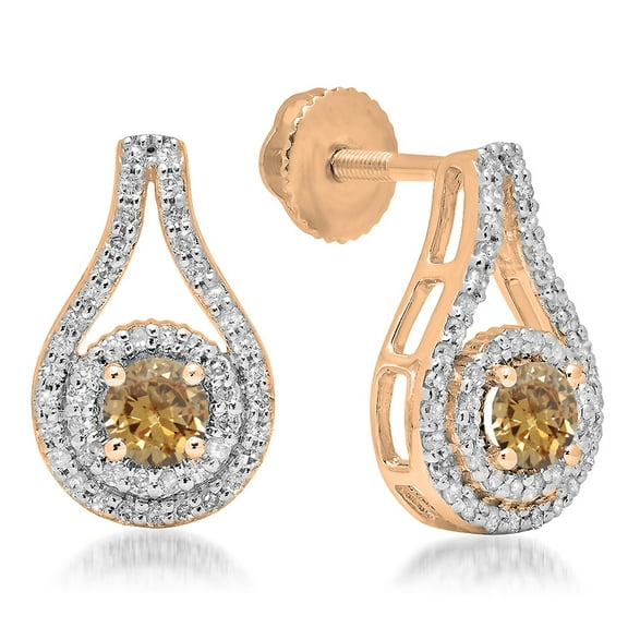 1.10 Carat (ctw) 14K Rose Gold Round Cut Champagne & White Diamond Ladies Halo Style Drop Earrings 1 CT