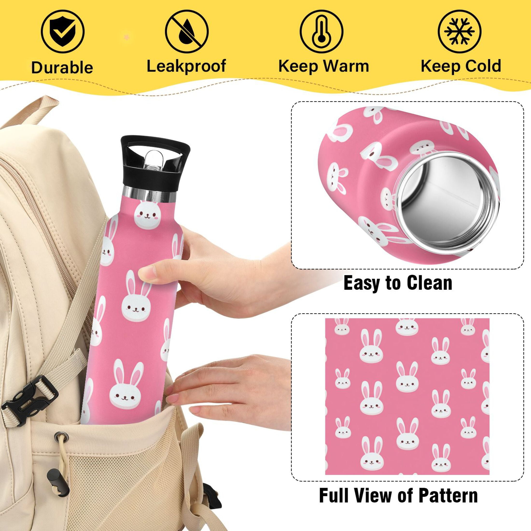 600ML Stainless Steel Insulated Cup Sports Water Bottle Portable Thermos Cup Water Glasses Insulated Tumblers Convenient and Durable Cute White Rabbits