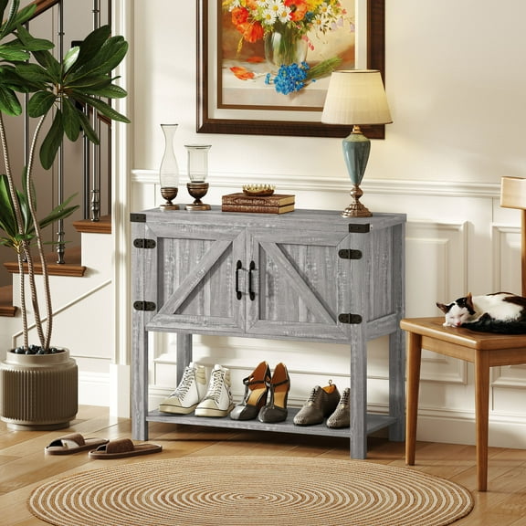 HOMCOM 2-Door Free Standing Sideboard Console Table with Bottom Shelf, Entryway, Stone Gray