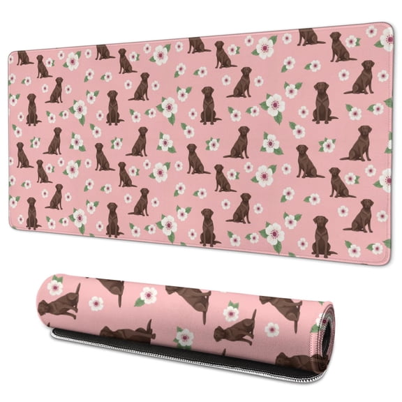 35.4x15.7 Inch Gaming Mouse Pad, Non-Slip Stitched Rubber Desk Mat for Desktop & Laptop,Labrador Floral Pink Pattern