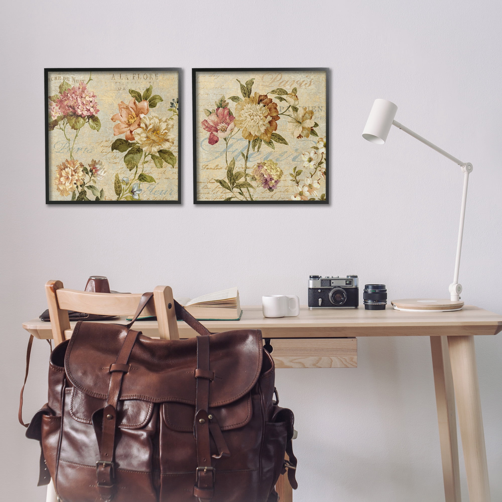 Stupell Industries Vintage French Floral with Script Botanical & Floral Painting Black Framed Art Print Wall Art, 17 x 17, Set of 2