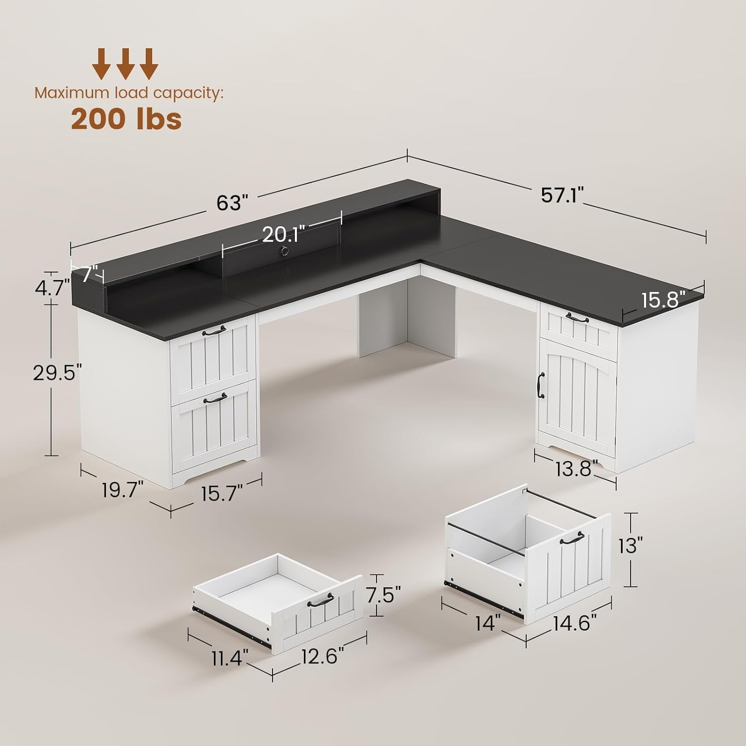 Farmhouse L Shaped Desk with Storage, Rustic Corner Desk with Monitor Stand, 2 File Drawers & 1 Cabinet, Home Office Desk with Spacious Desktop, Large PC Workstation, White & Black Top