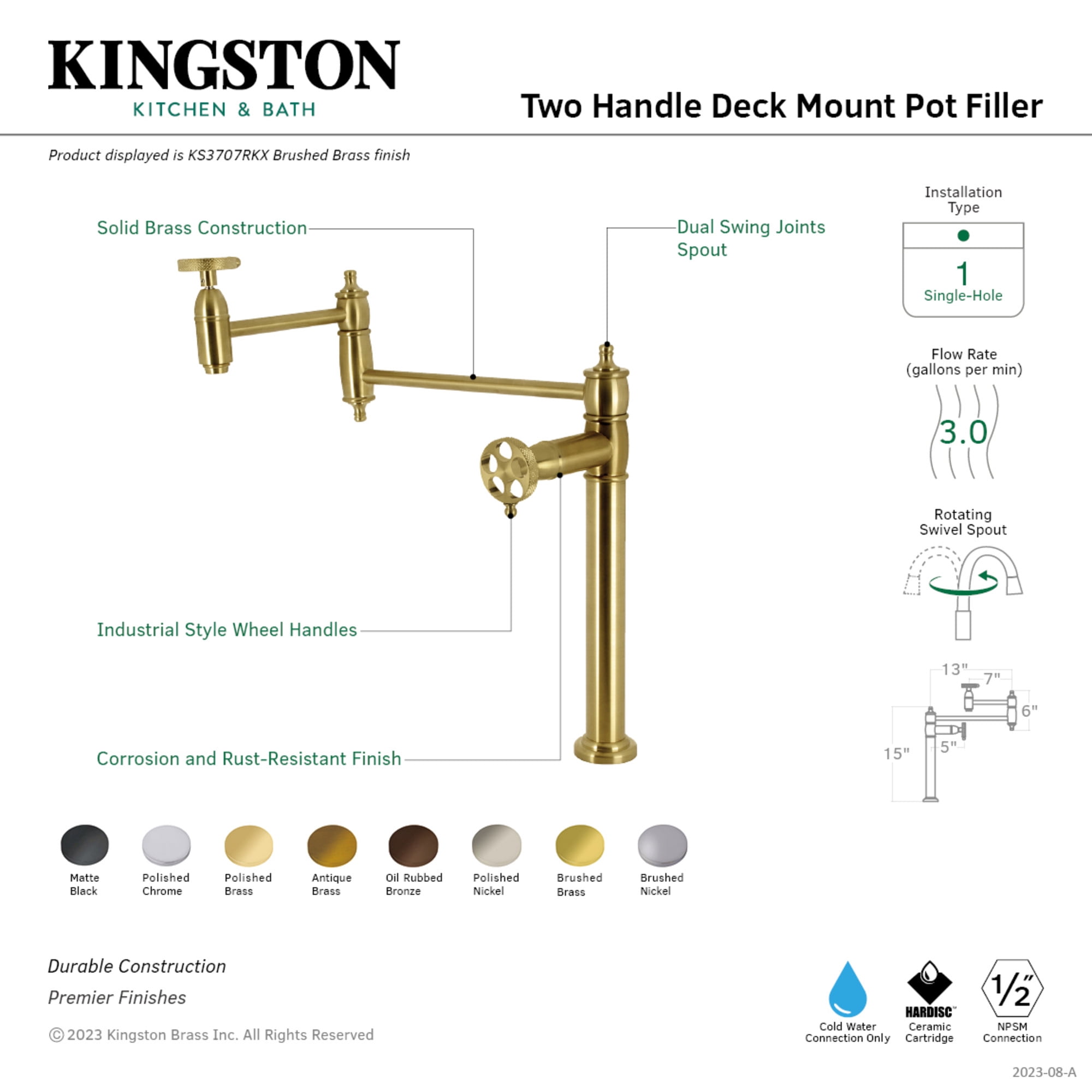 Kingston Brass KS3706RKX Webb Deck Mount Pot Filler Faucet with Knurled Handle, Polished Nickel