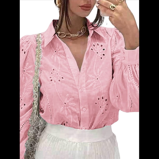 Blusa de Mujer con Mangas Largas Abullonadas, Cuello en V, Botones, Encaje Calado y Bordado Rosa M