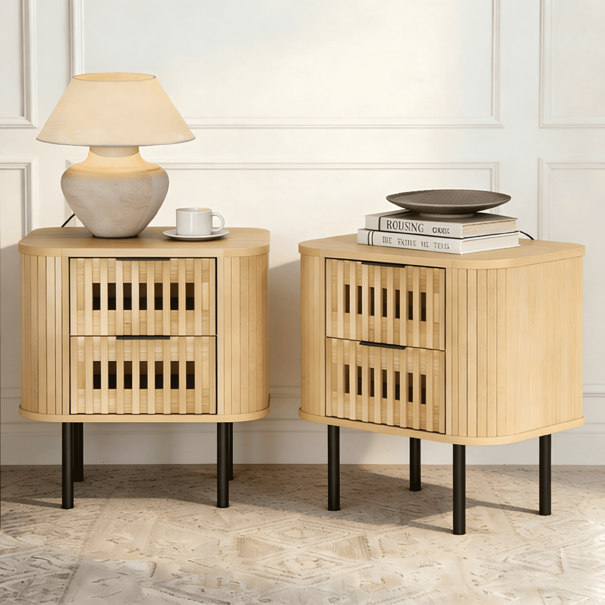 WAMPAT Set of 2 Fluted End Table with Storage, Modern Storage Nightstand with 2 Drawers for Living Room & Bedroom, Wooden Side Table, Oak