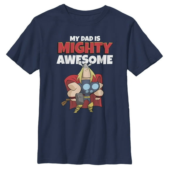 Boy's Marvel My Dad is Mighty Awesome Cartoon Thor Graphic Tee Navy Blue Small