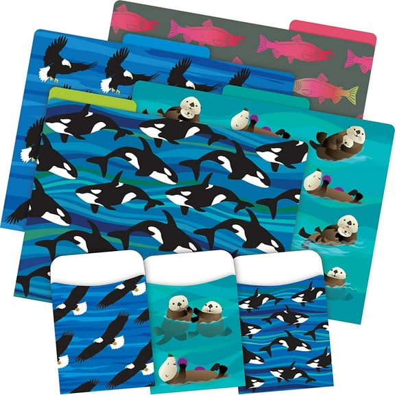 Barker Creek Designer File Folder and Library Pocket Set, Sea & Sky, 12 Colorful File Folders and 30 Coordinating Peel & Stick Library Pockets, Home, School and Office Supplies (3879)