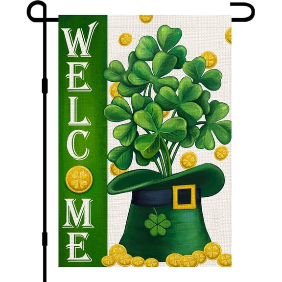 Welcome St Patricks Day Garden Flags Burlap 12x18 Double Sided, Green Hat Shamrocks Gold Coin Holiday Party Sign Small Flag Yard Outdoor Decor DF658
